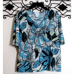Liz Claiborne Women's Top Size PL Short Sleeve Multicolored Floral V Neck